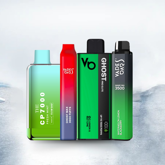 Assorted disposable vape devices including CP 7000 Fresh Mint, Ghost Max 3000 Puffs, Ghost Pro Lite 7000 Puffs, and Vade Bar 3500 Watermelon Lemon Blackberry. Colorful designs in red, green, blue, and black displayed side by side