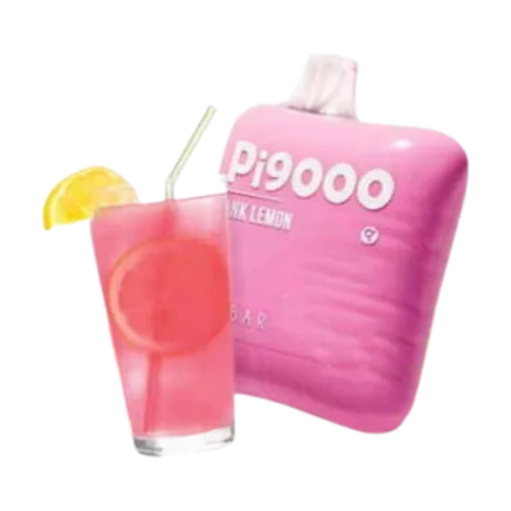 Pi 9000 Pink Lemon disposable vape device shown with a glass of pink lemonade, garnished with a lemon slice. The device has a soft pink finish and bold white branding.