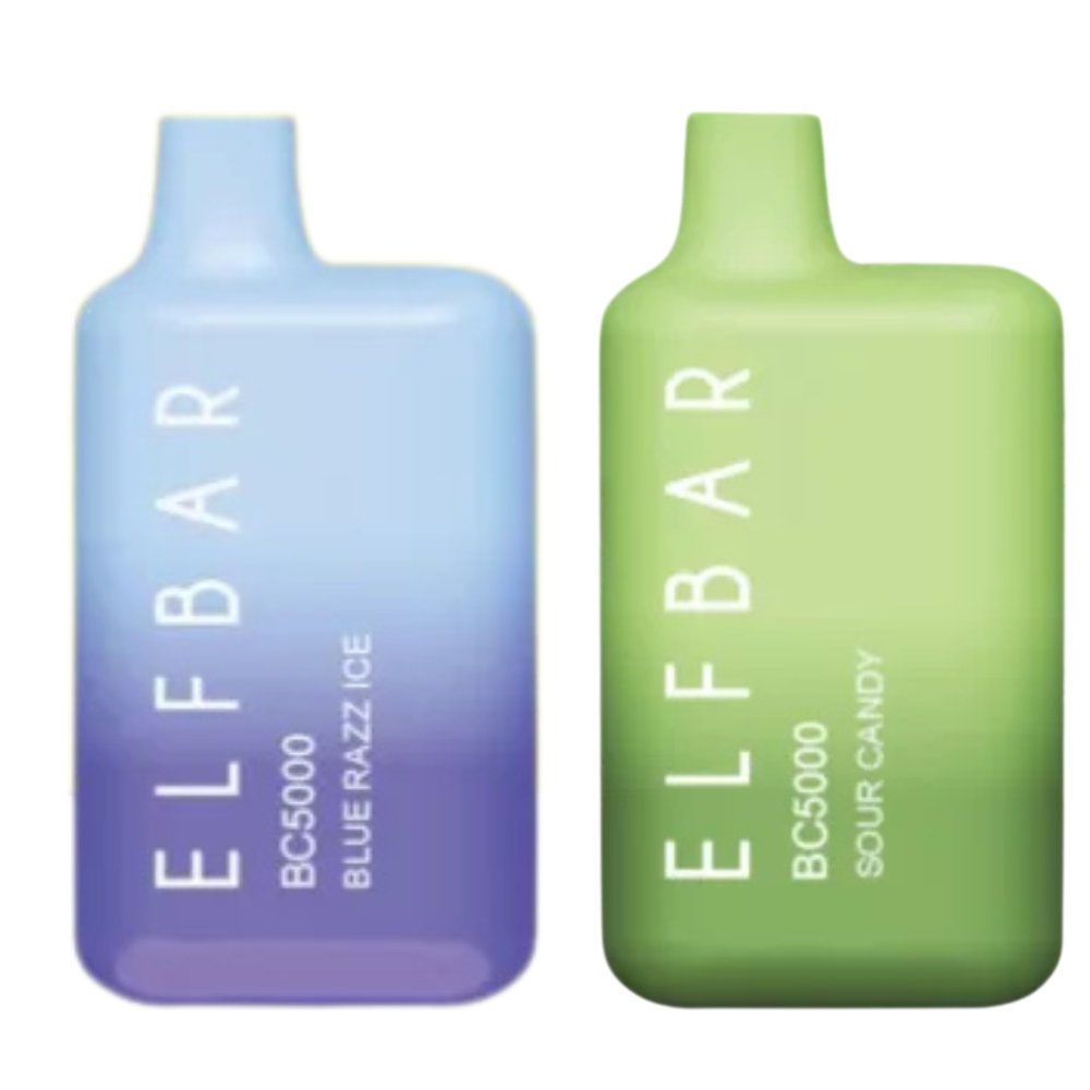 Two Elf Bar BC5000 Disposable Vape devices shown side by side with sleek, colorful designs and clear branding. Compact, high-puff vapes offering up to 5000 puffs each