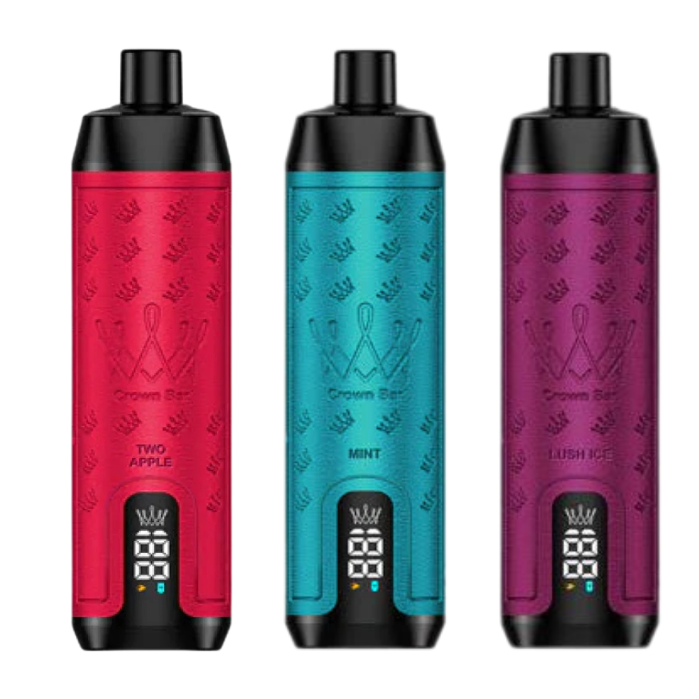Three Al Fakher Crown Bar 12000 Disposable Vape Devices displayed side by side in Berry Ice, Two Apple, and Blueberry Mint flavors. Sleek, colorful designs with bold branding, offering up to 12,000 puffs per device.