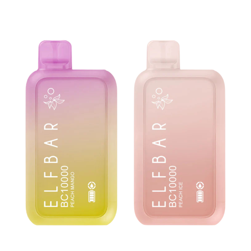 Two Elf Bar BC10000 Disposable Vape devices displayed side by side, featuring compact designs with bold branding and colorful finishes. High-capacity vapes offering up to 10,000 puffs each