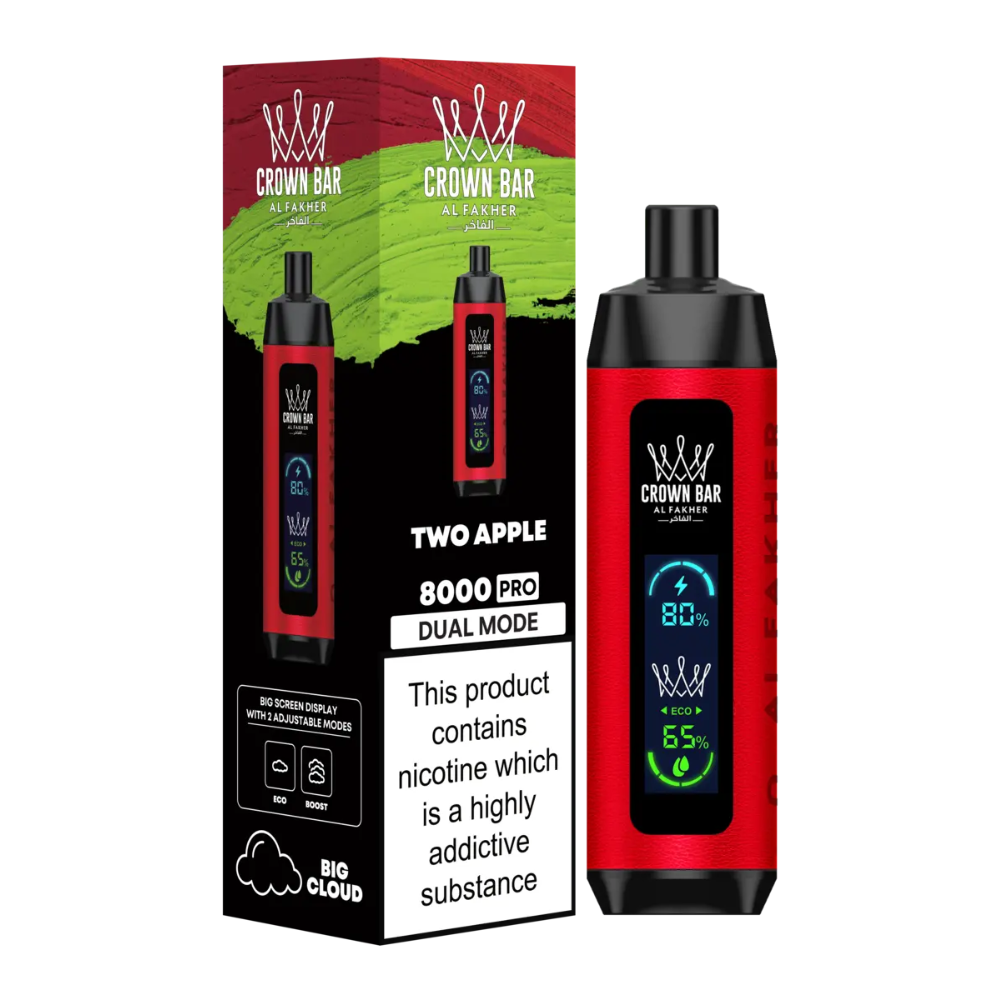 Crown Bar Al Fakher 8000 Pro Dual Mode disposable vape in Two Apple flavor. Red device with digital screen showing battery and eco mode levels. Product packaging is visible with branding, flavor name, and nicotine warning